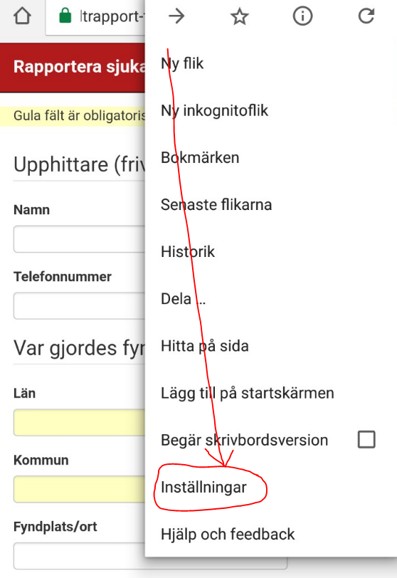 Skärmdump från Androidtelefon som visar kontextmenyn i webbläsare och har alternativet 'Inställningar' inringat med rött.