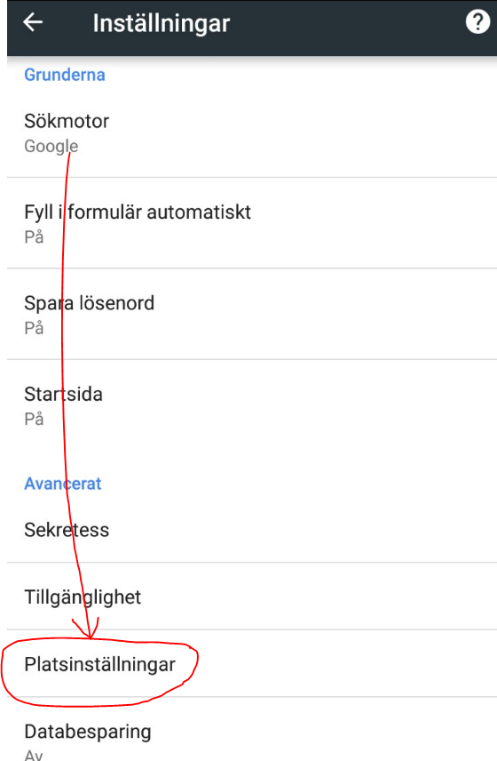 Skärmdump från Androidtelefon som visar kontextmenyn i webbläsare och har alternativet 'Platsinställningar' inringat med rött.