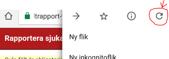 Skärmdump från Androidtelefon som visar kontextmenyn i webbläsare och har ikonen för att ladda om sidan inringat med rött.