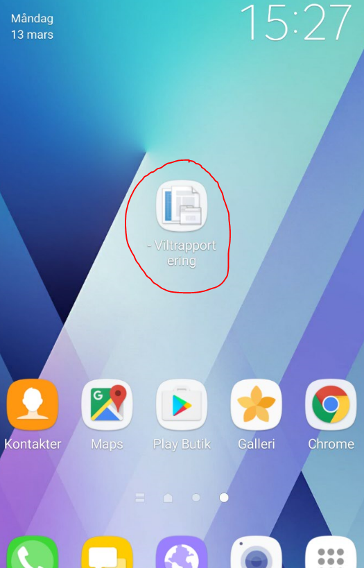 Skärmdump från Androidtelefon som visare en ikon för rapporteravilt som är tillagd på startskärmen. Ikonen är inringat med rött.